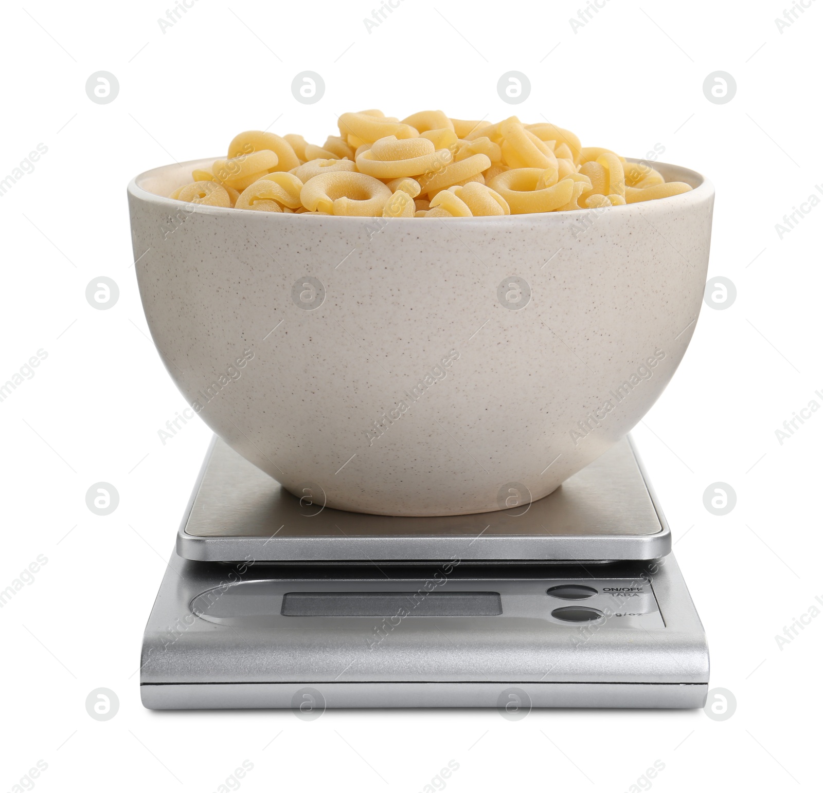 Photo of Kitchen scale with bowl of pasta isolated on white