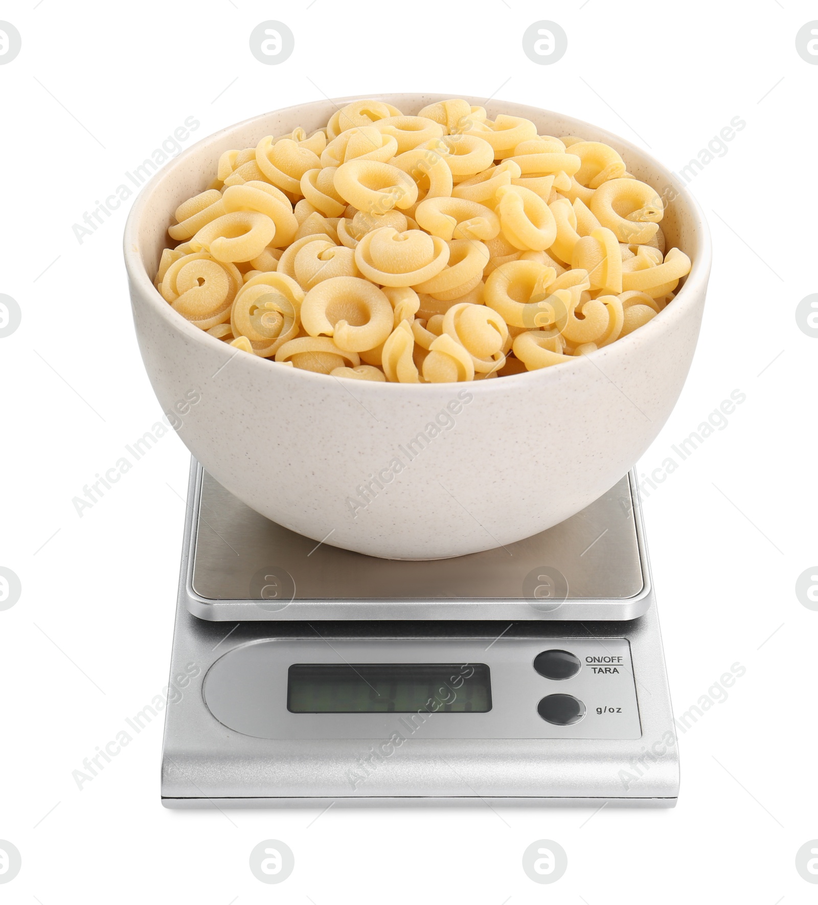 Photo of Kitchen scale with bowl of pasta isolated on white