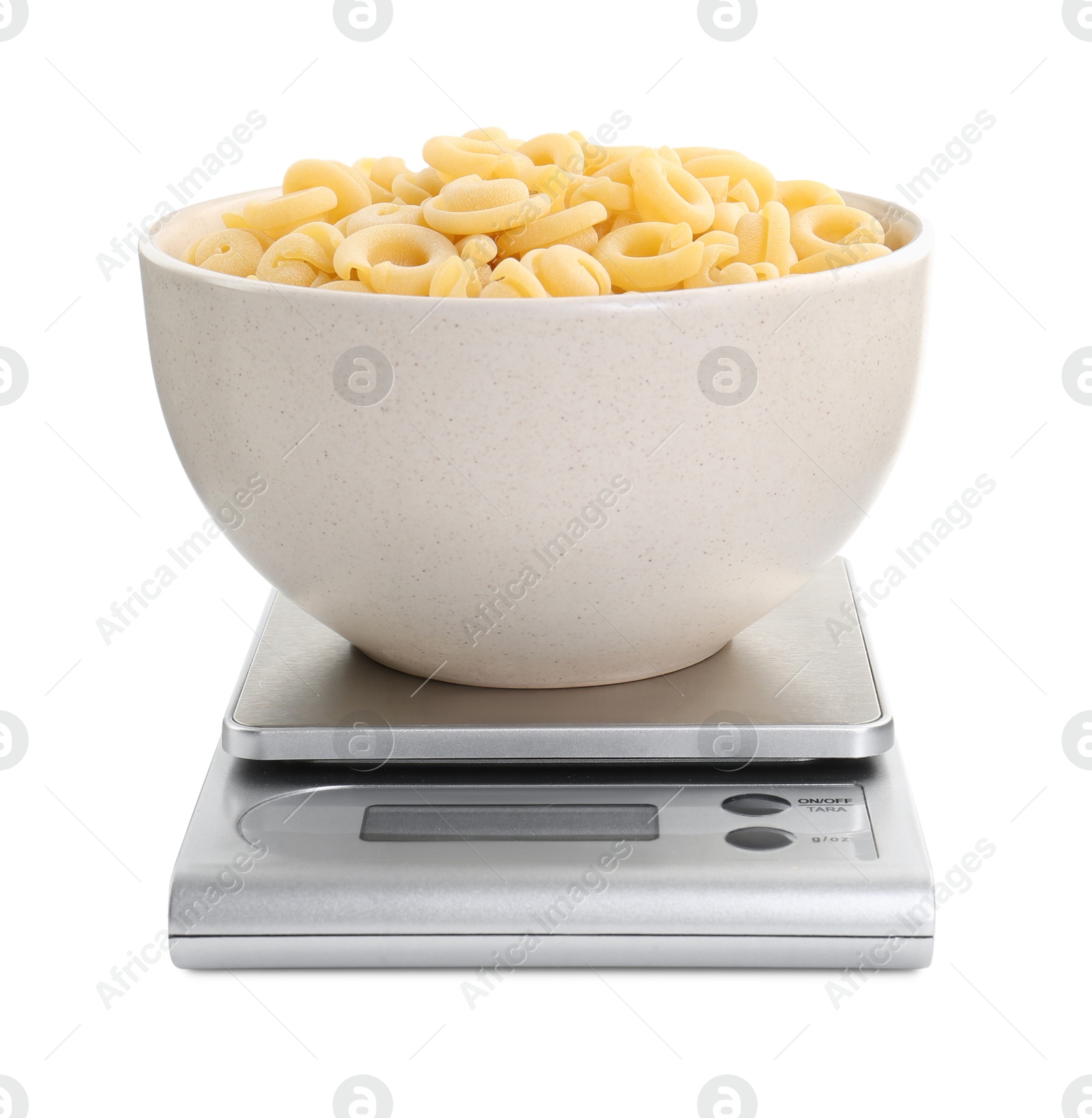 Photo of Kitchen scale with bowl of pasta isolated on white