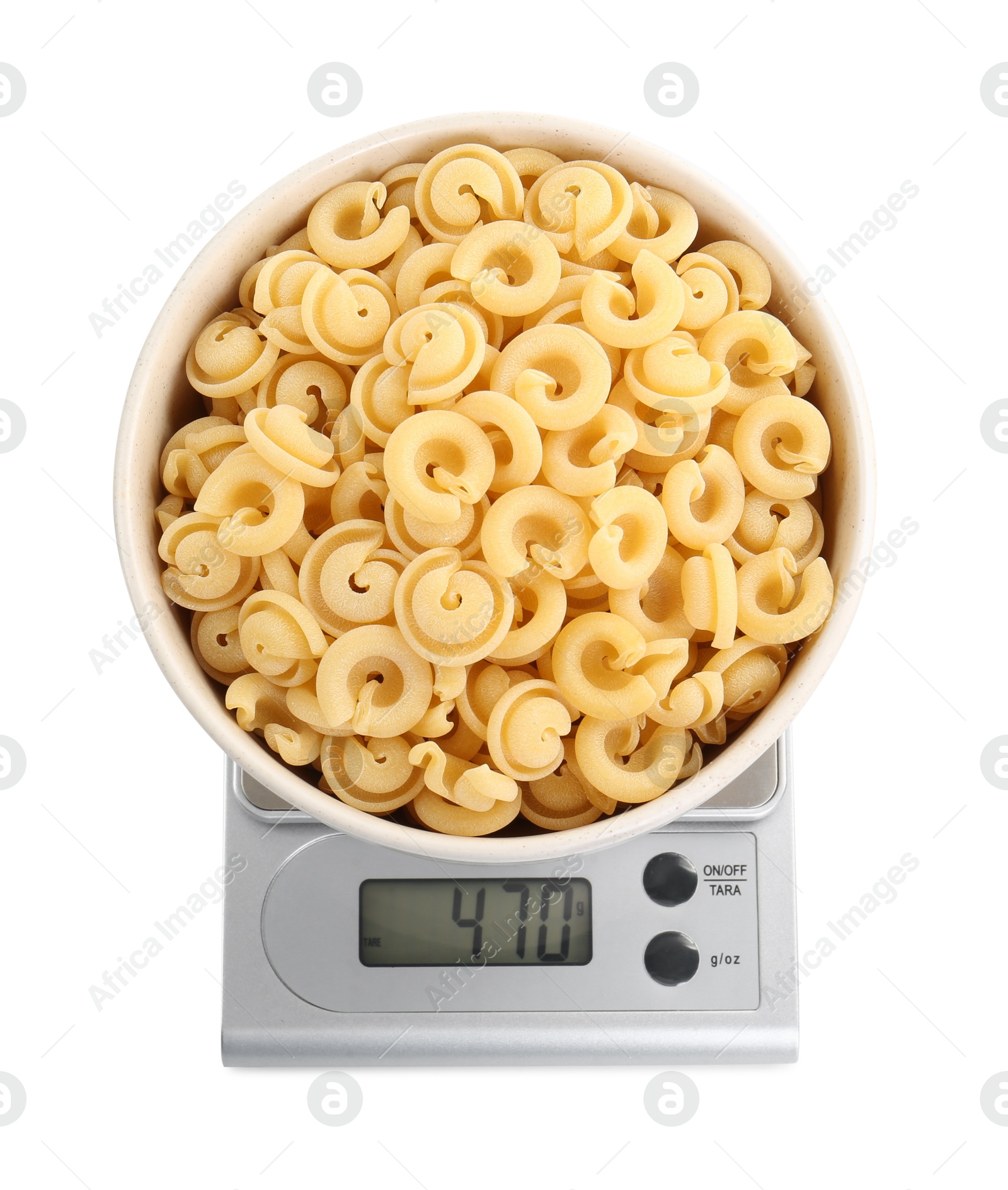 Photo of Kitchen scale with bowl of pasta isolated on white, top view