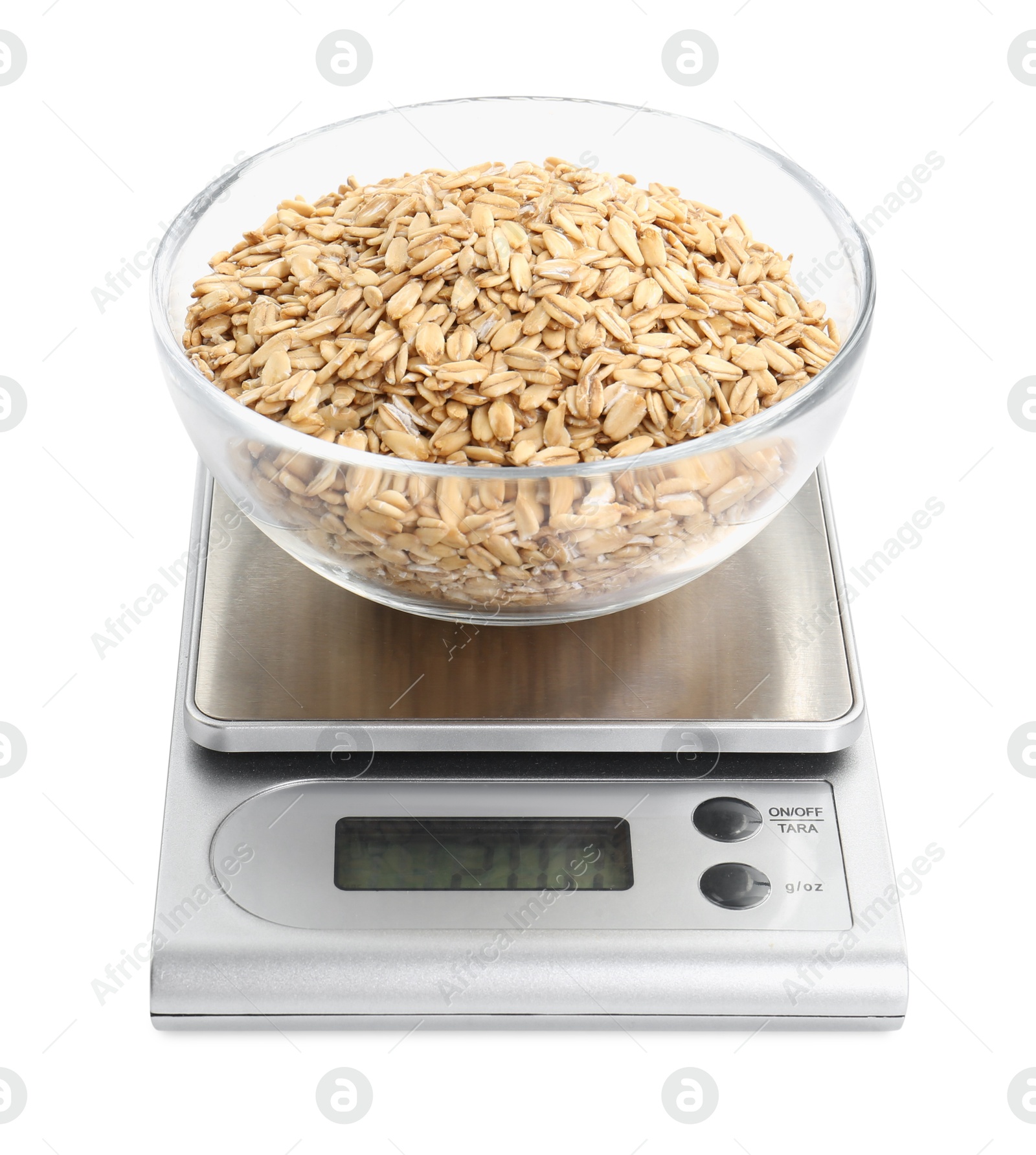 Photo of Kitchen scale with bowl of oats isolated on white