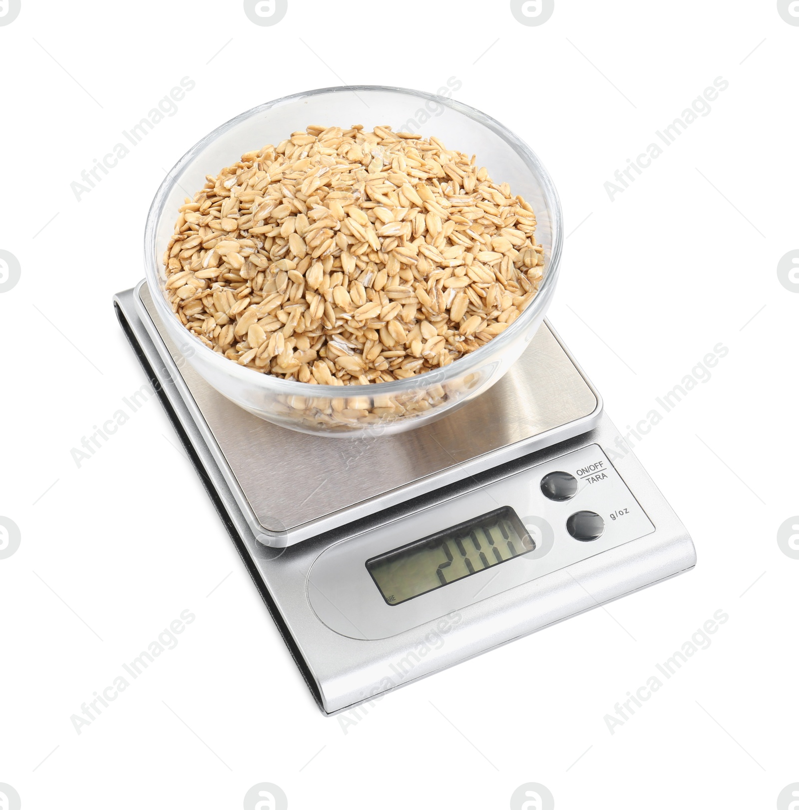 Photo of Kitchen scale with bowl of oats isolated on white