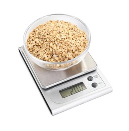 Kitchen scale with bowl of oats isolated on white