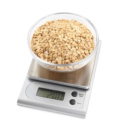 Photo of Kitchen scale with bowl of oats isolated on white