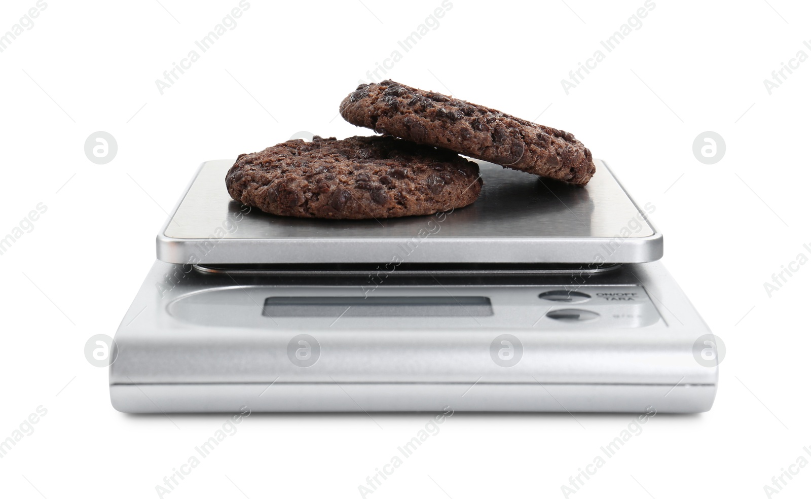 Photo of Kitchen scale with chocolate cookies isolated on white