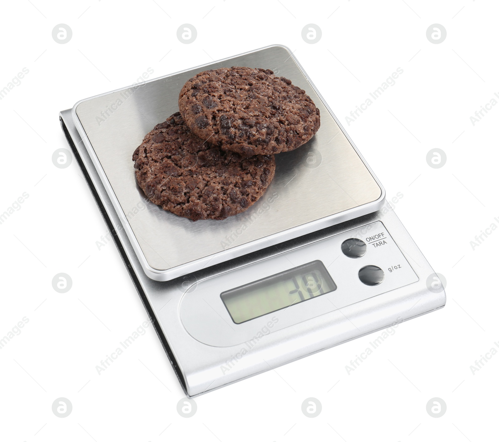 Photo of Kitchen scale with chocolate cookies isolated on white