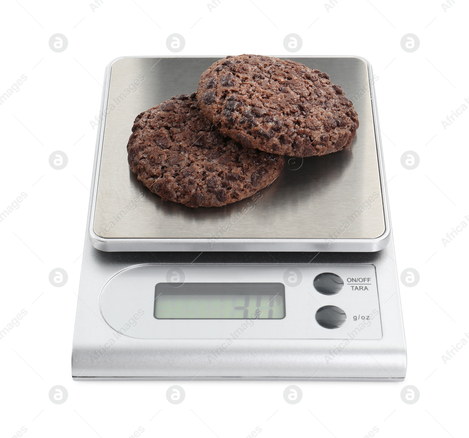 Photo of Kitchen scale with chocolate cookies isolated on white