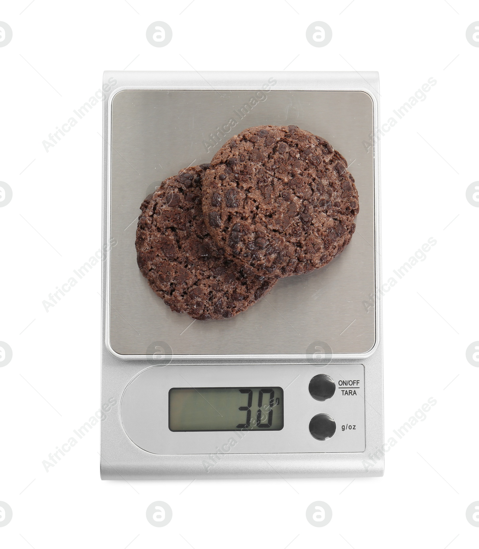 Photo of Kitchen scale with chocolate cookies isolated on white, top view