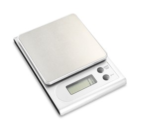 Photo of One metal kitchen scale isolated on white