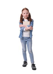 Photo of Cute little girl with book on white background