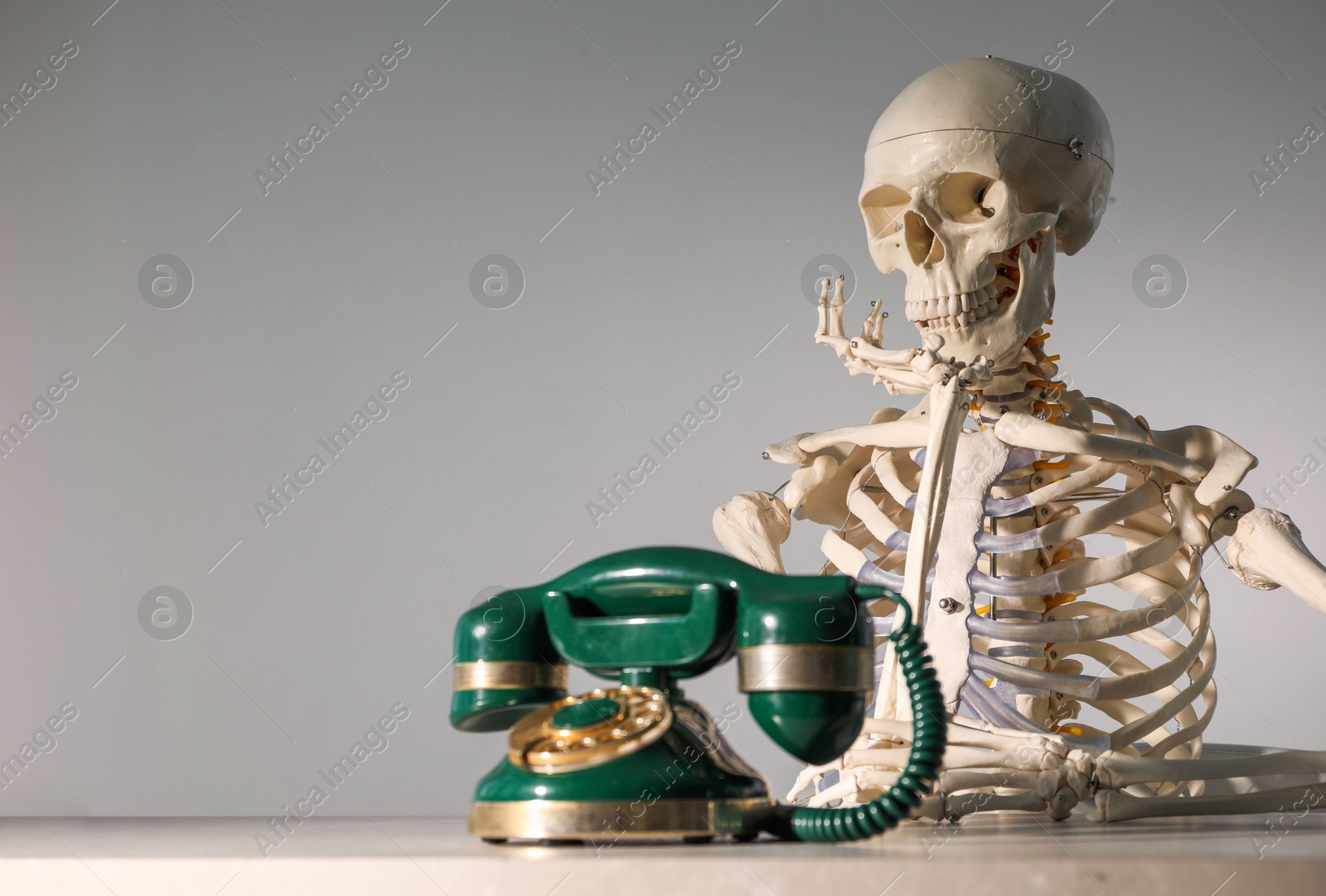 Photo of Waiting concept. Human skeleton at table with corded telephone against grey background, space for text