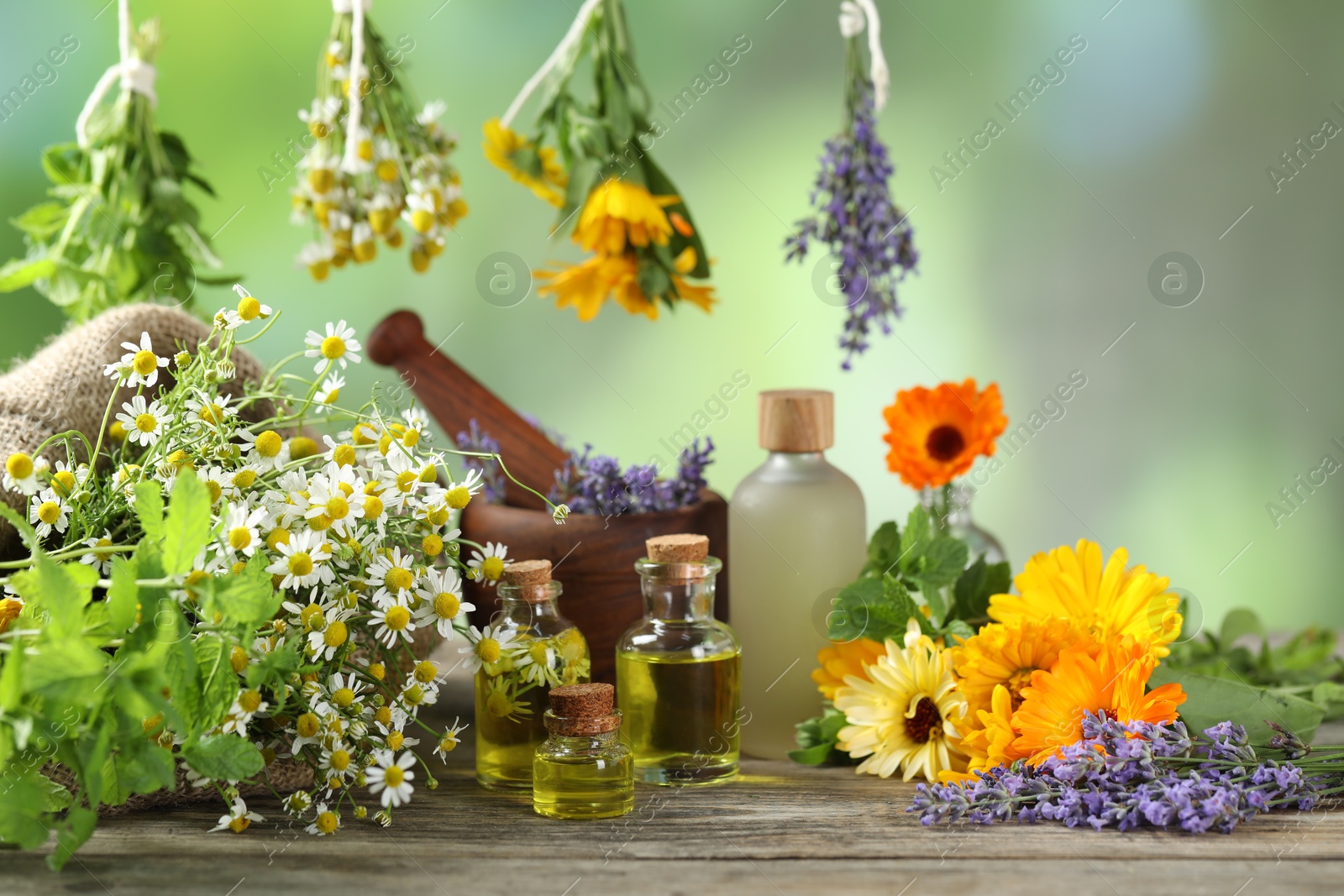 Photo of Different flowers, bottles of essential oils, mint mortar and pestle on wooden table