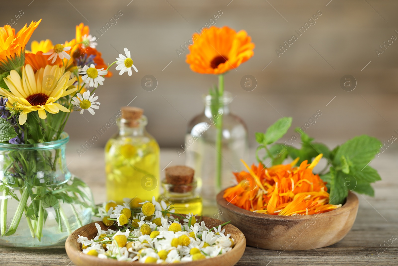 Photo of Different flowers, mint and bottles of essential oils on wooden table