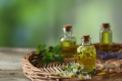 Photo of Beautiful chamomile flowers and bottles of essential oils on wooden table, closeup