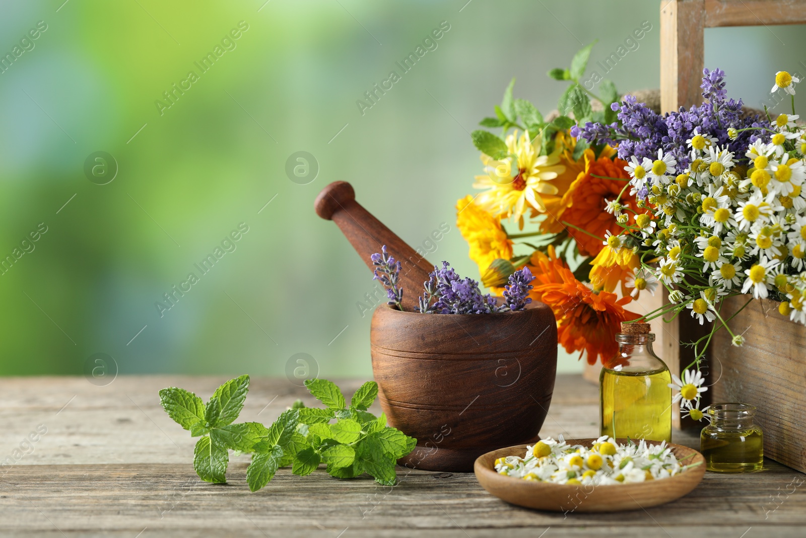 Photo of Different flowers, mint, bottles of essential oils, mortar and pestle on wooden table outdoors. Space for text