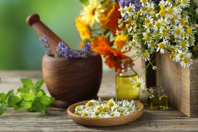 Photo of Different flowers, mint, bottles of essential oils, mortar and pestle on wooden table outdoors