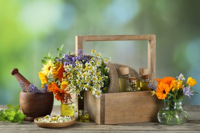Photo of Different flowers, mint, bottles of essential oils, mortar and pestle on wooden table outdoors