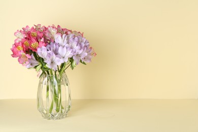 Photo of Beautiful alstroemeria flowers in vase on beige background, space for text