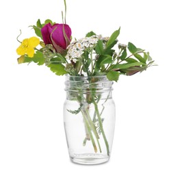 Photo of Different flowers in glass vase isolated on white