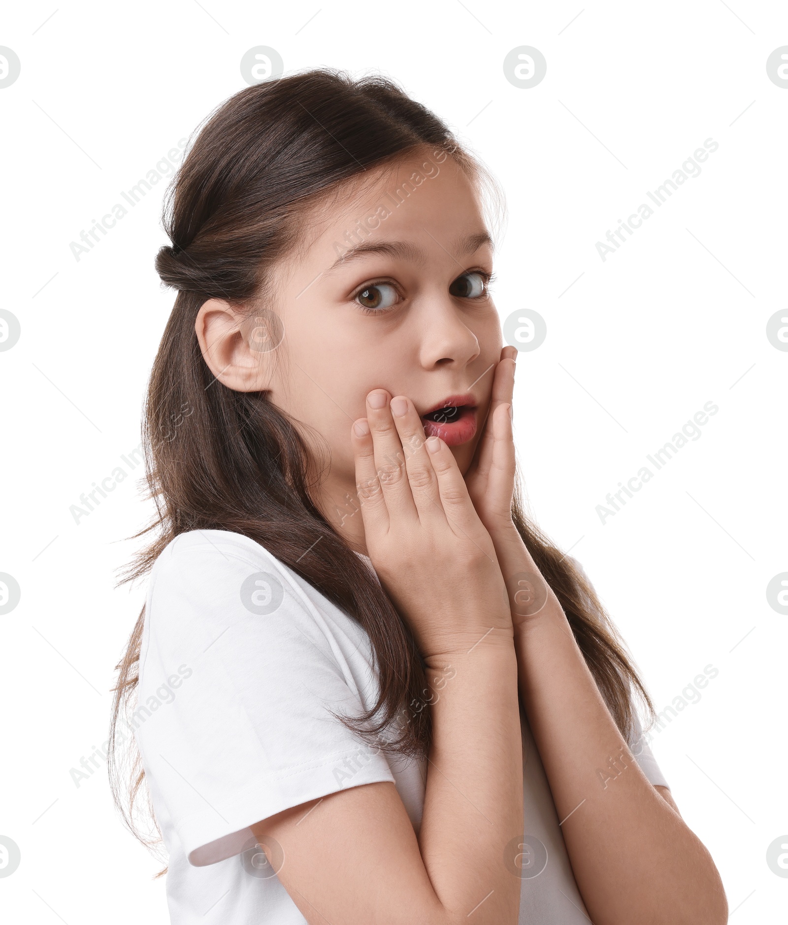 Photo of Portrait of emotional girl isolated on white