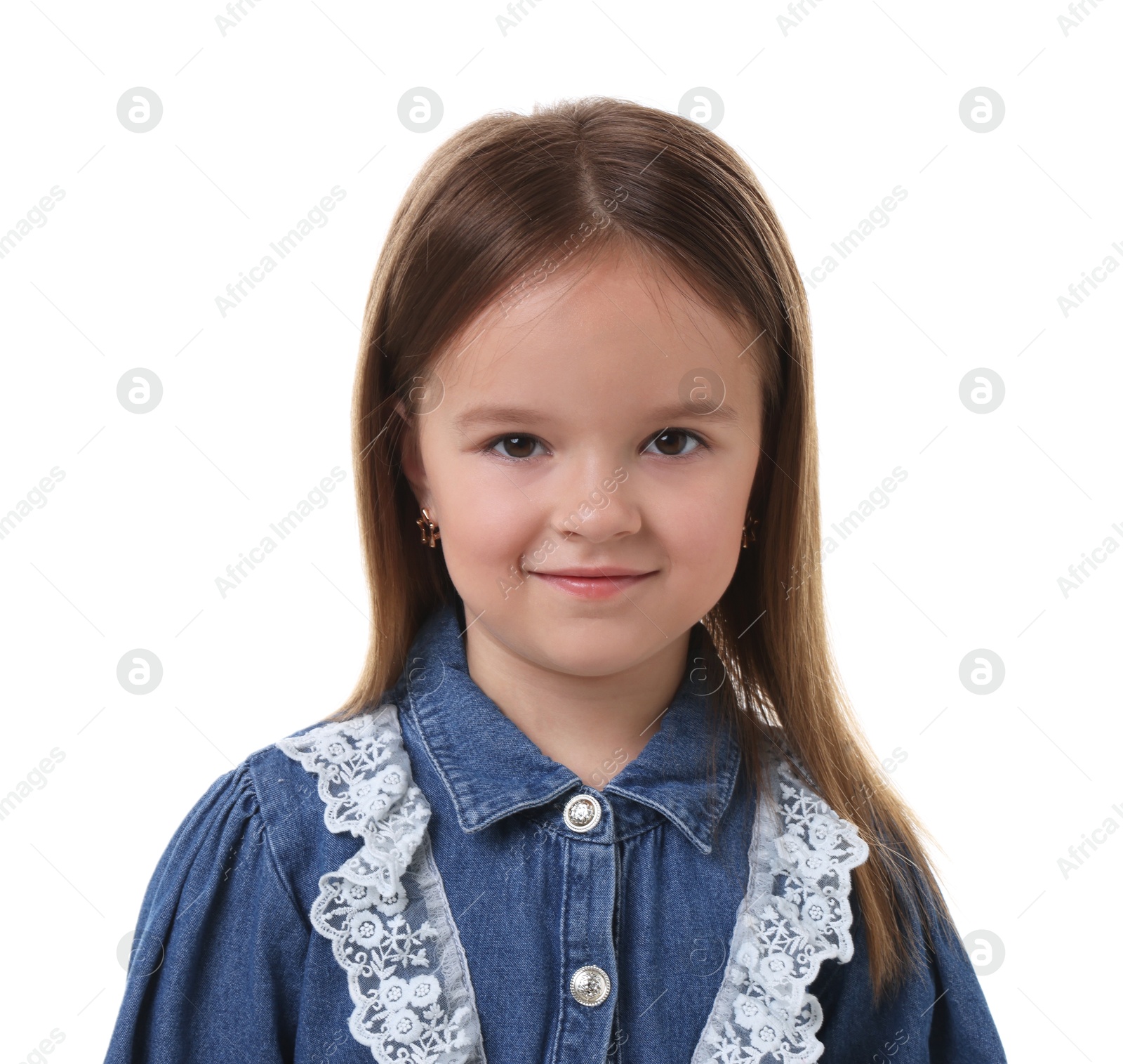 Photo of Portrait of cute little girl isolated on white