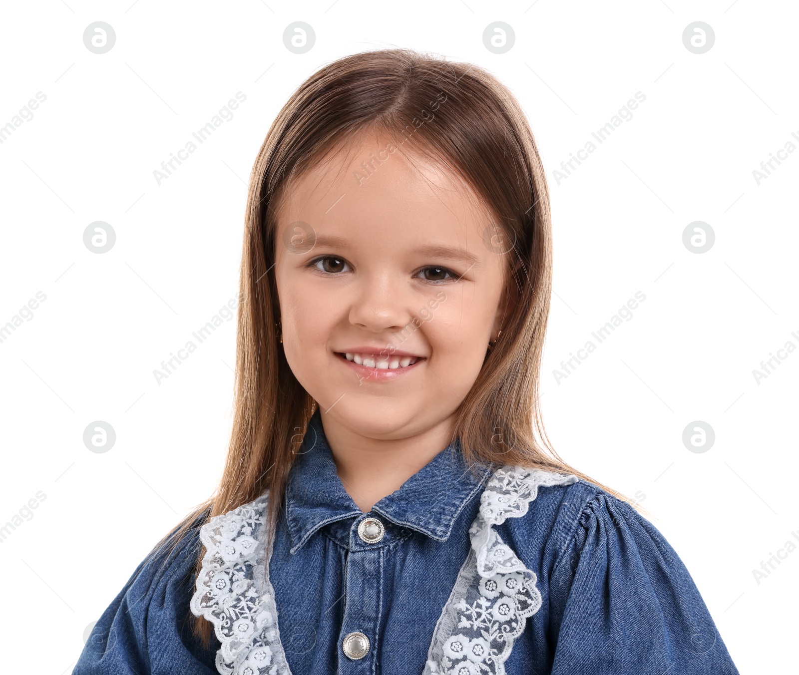 Photo of Portrait of happy little girl isolated on white