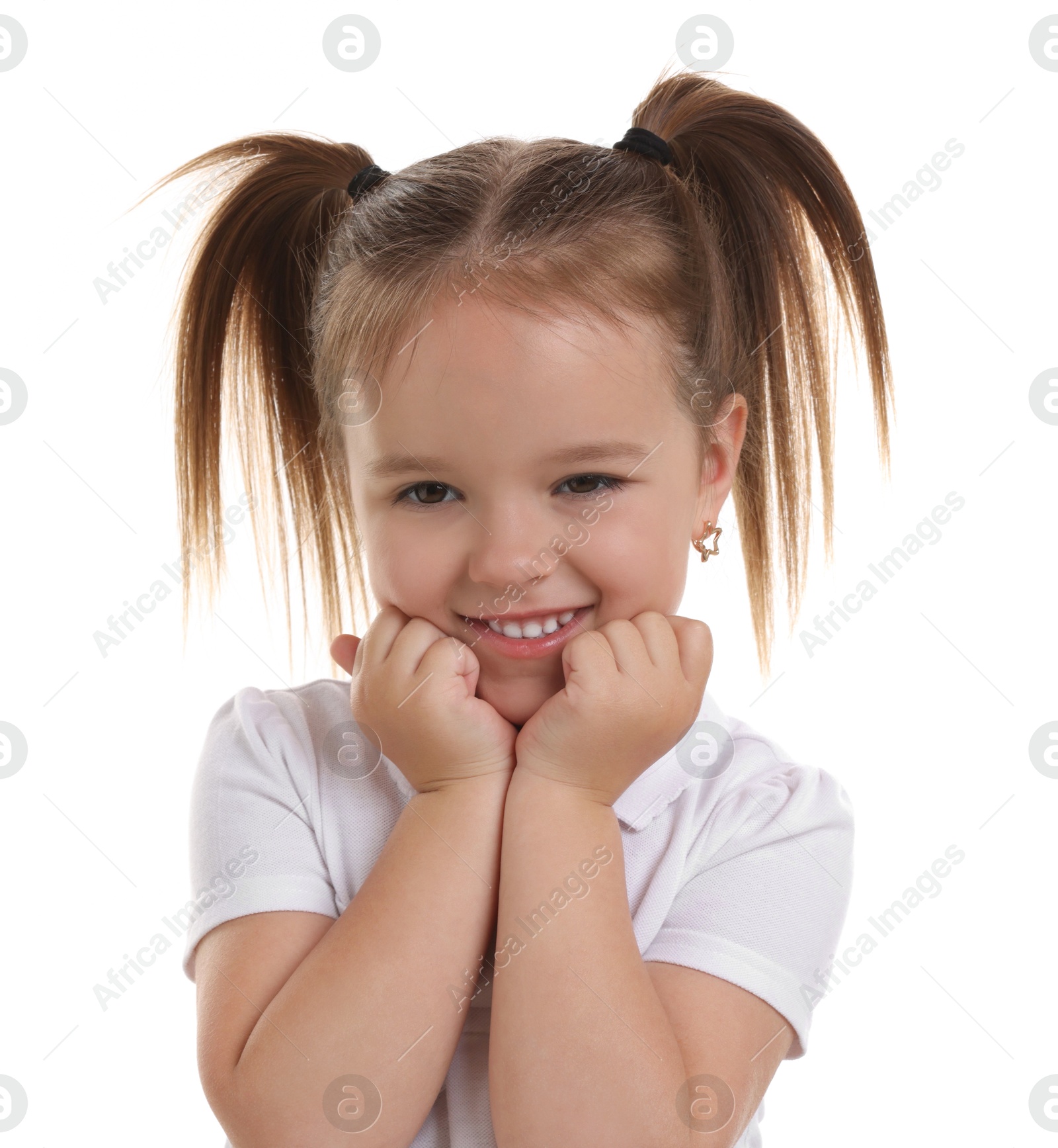 Photo of Portrait of happy little girl isolated on white
