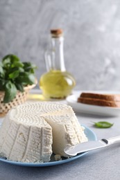 Tasty ricotta (cream cheese) and knife on grey table, closeup