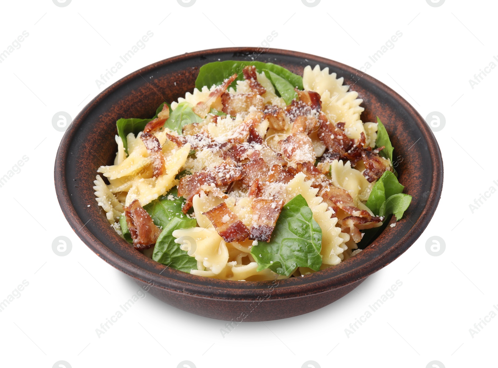 Photo of Tasty pasta with bacon and basil isolated on white