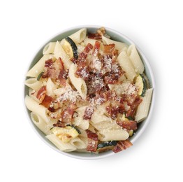 Photo of Tasty pasta with bacon and cheese isolated on white, top view