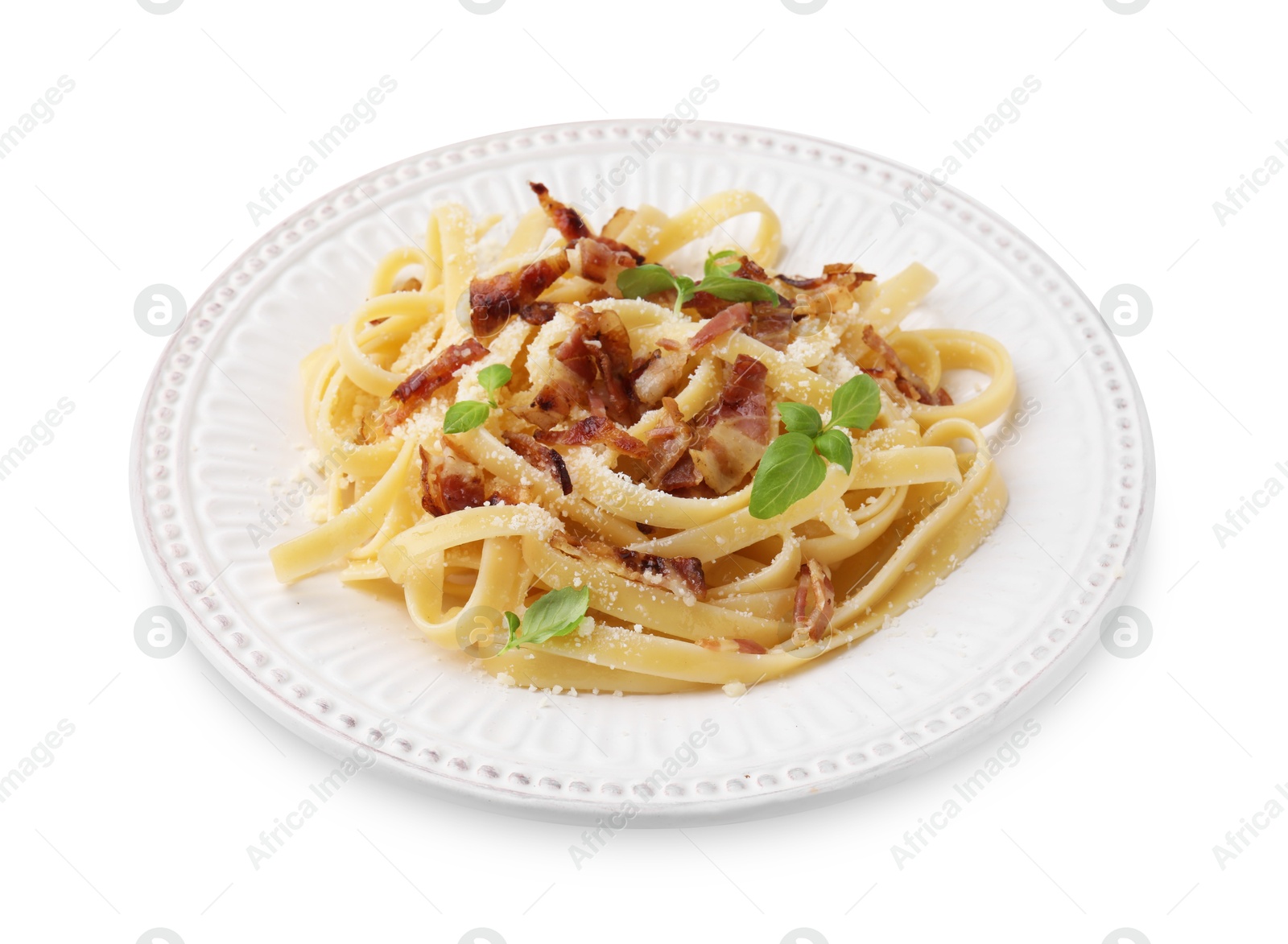 Photo of Tasty pasta with bacon and basil isolated on white