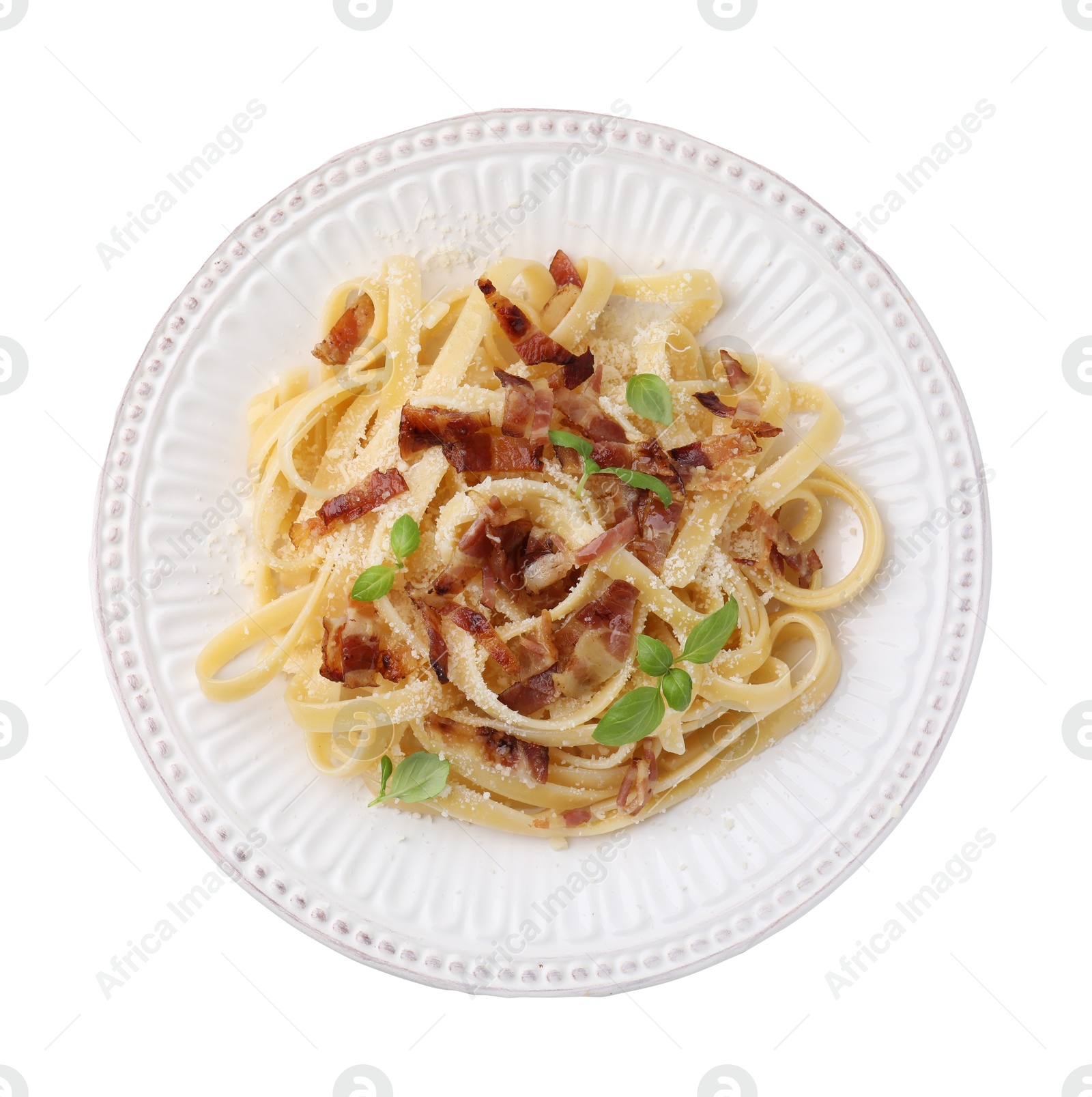 Photo of Tasty pasta with bacon and basil isolated on white, top view