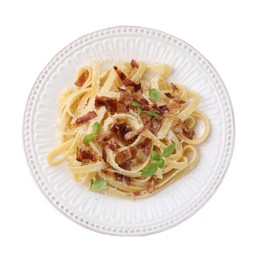 Photo of Tasty pasta with bacon and basil isolated on white, top view