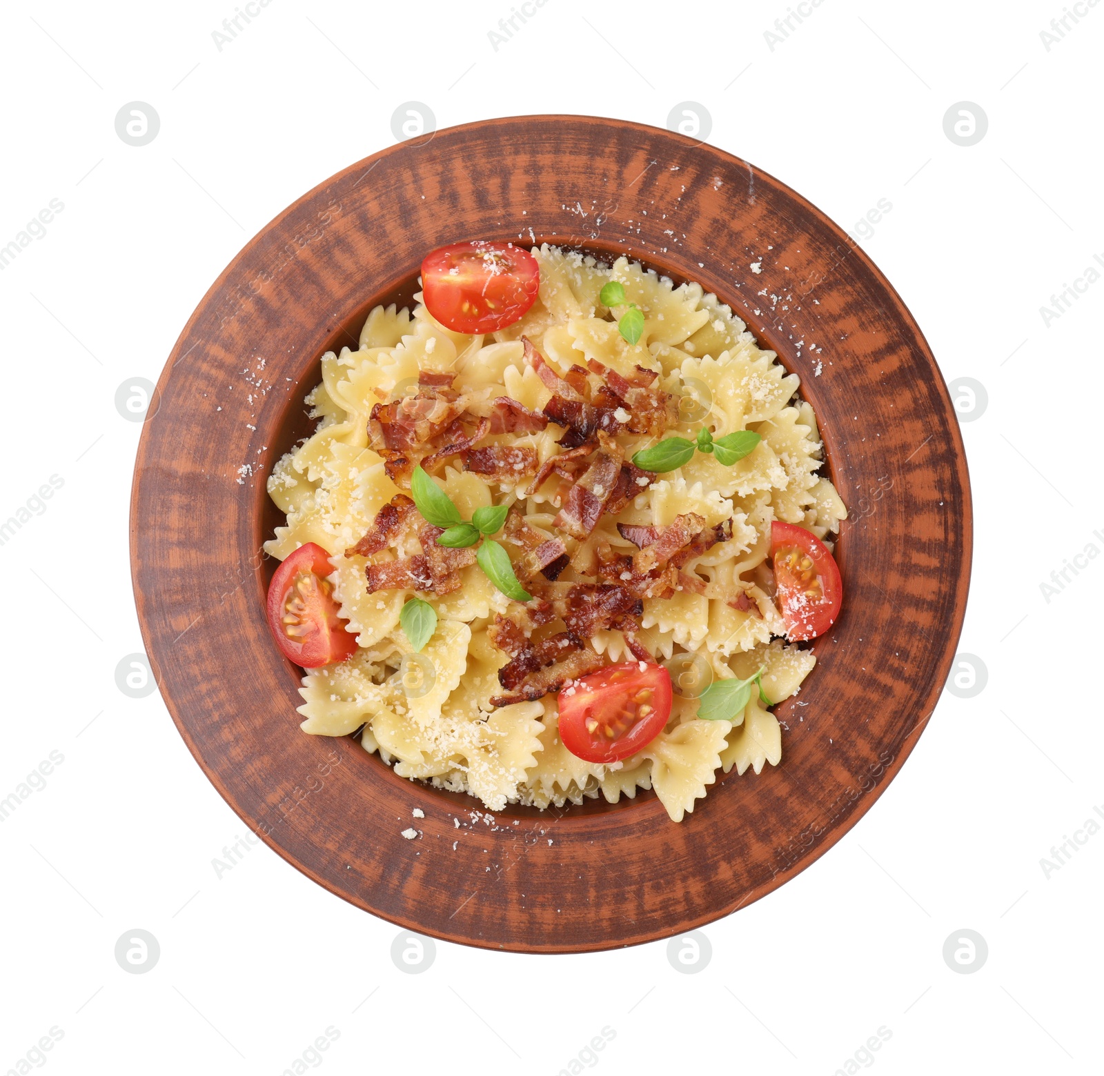 Photo of Tasty pasta with bacon, tomatoes and basil isolated on white, top view