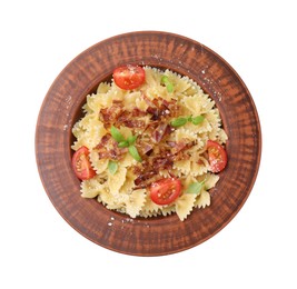 Photo of Tasty pasta with bacon, tomatoes and basil isolated on white, top view