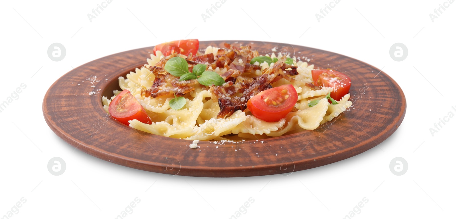 Photo of Tasty pasta with bacon, tomatoes and basil isolated on white