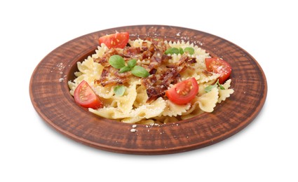 Tasty pasta with bacon, tomatoes and basil isolated on white