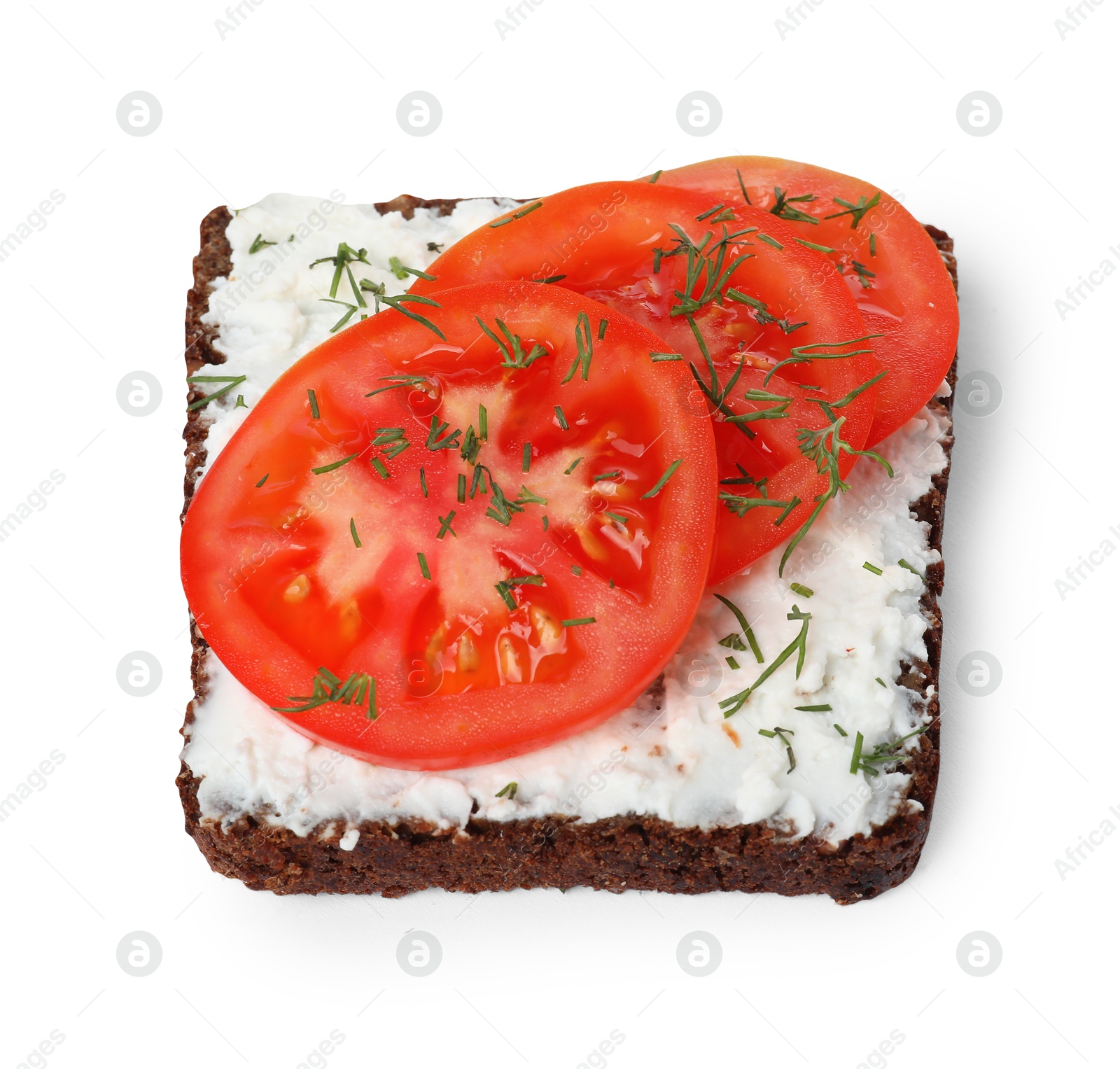 Photo of Delicious bruschetta with fresh ricotta (cream cheese), tomato and dill isolated on white