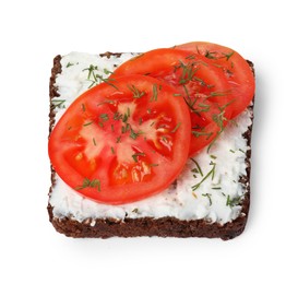 Photo of Delicious bruschetta with fresh ricotta (cream cheese), tomato and dill isolated on white