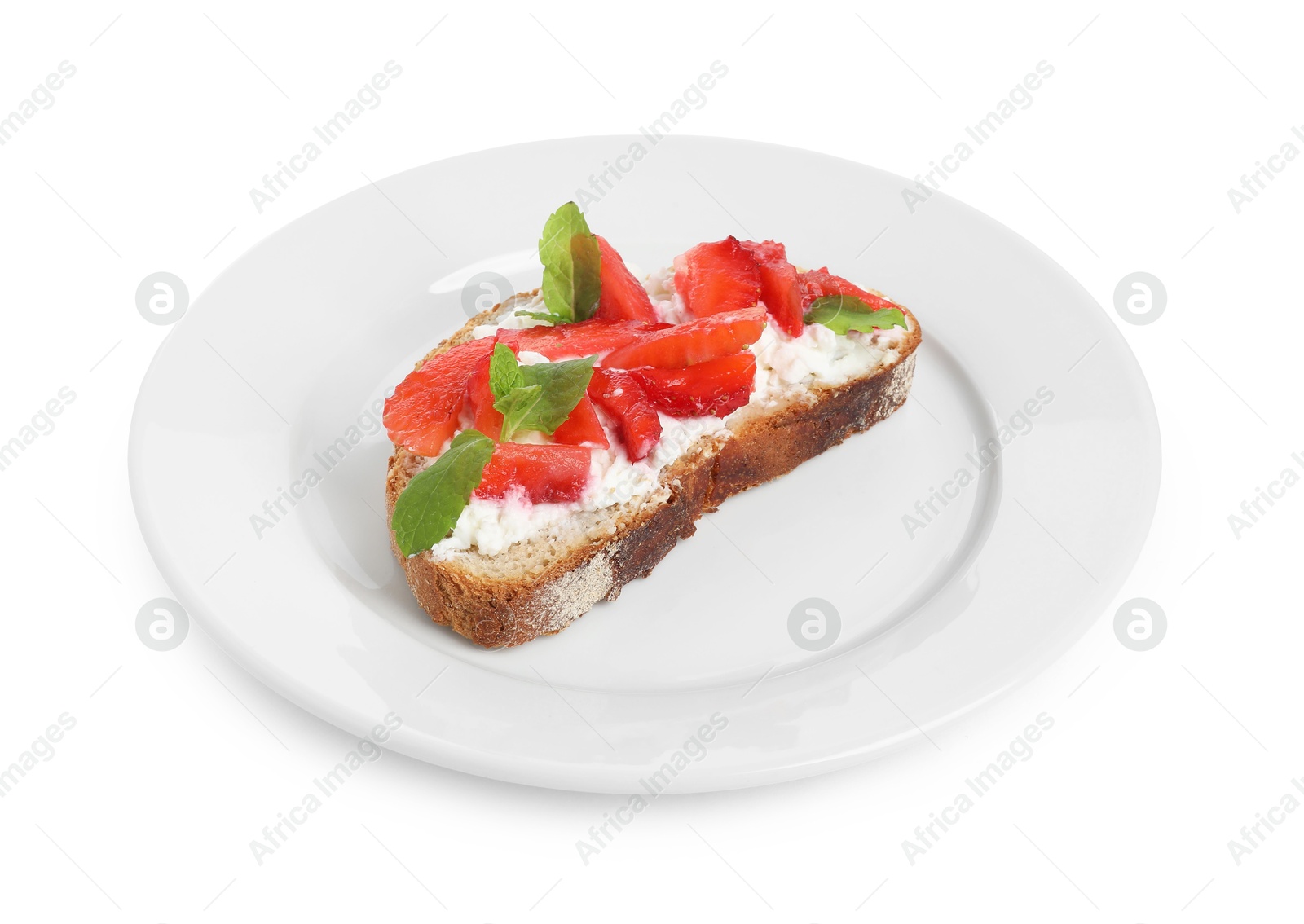 Photo of Delicious bruschetta with fresh ricotta (cream cheese), strawberry and mint isolated on white