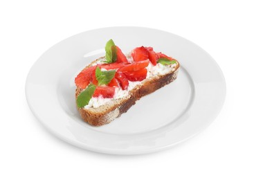 Photo of Delicious bruschetta with fresh ricotta (cream cheese), strawberry and mint isolated on white