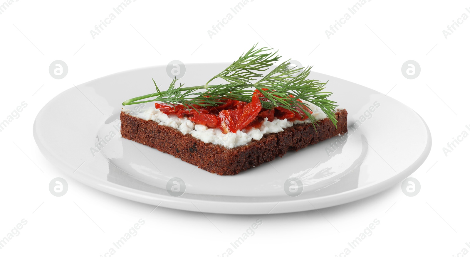 Photo of Delicious bruschetta with fresh ricotta (cream cheese), dill and sun-dried tomatoes isolated on white