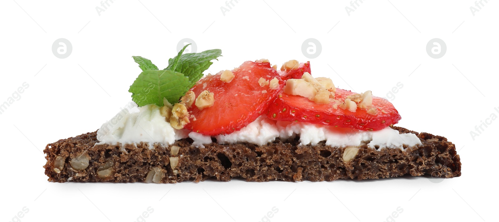 Photo of Delicious bruschetta with fresh ricotta (cream cheese), strawberry and mint isolated on white