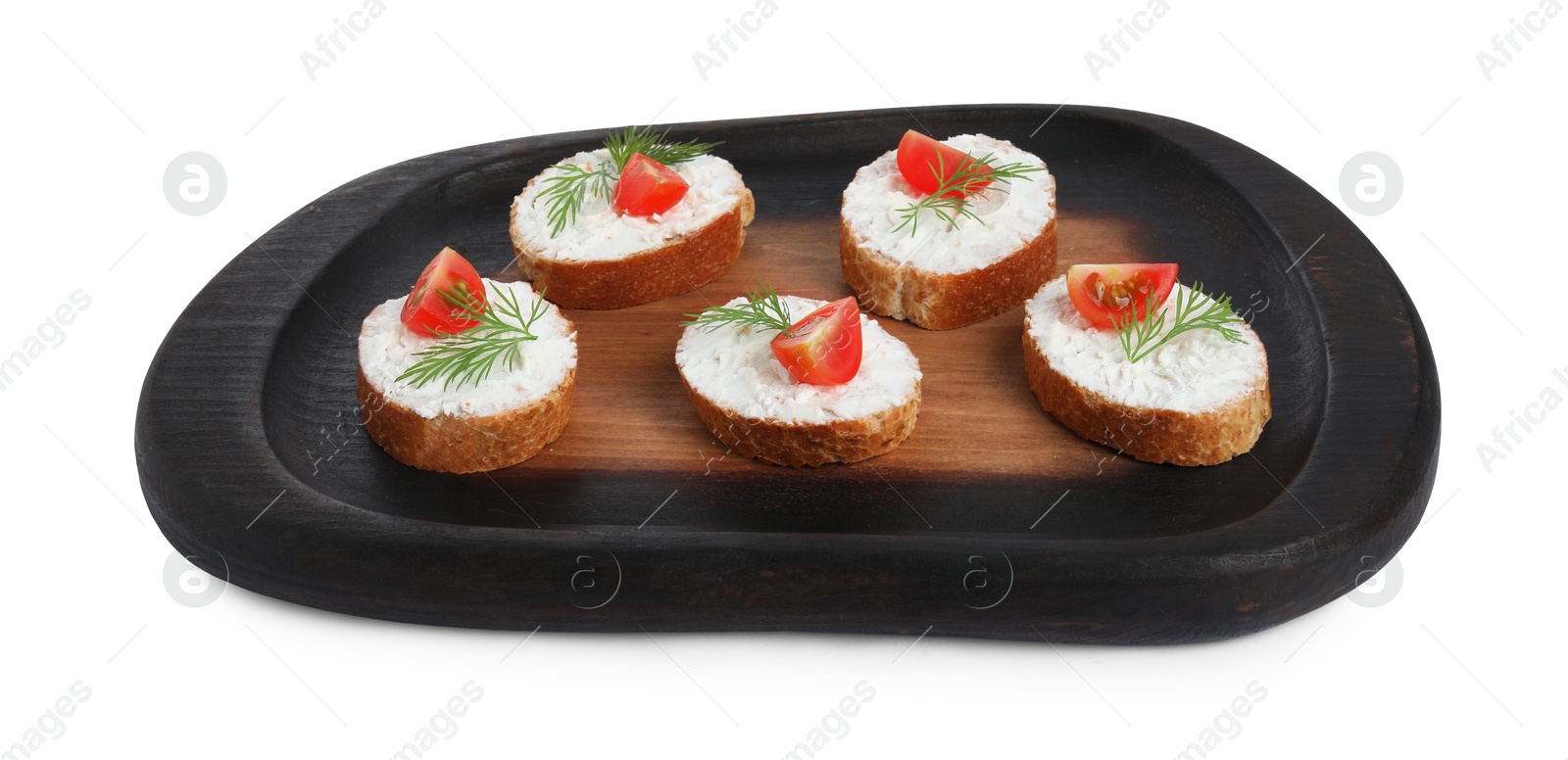 Photo of Delicious bruschettas with fresh ricotta (cream cheese), tomato and dill isolated on white