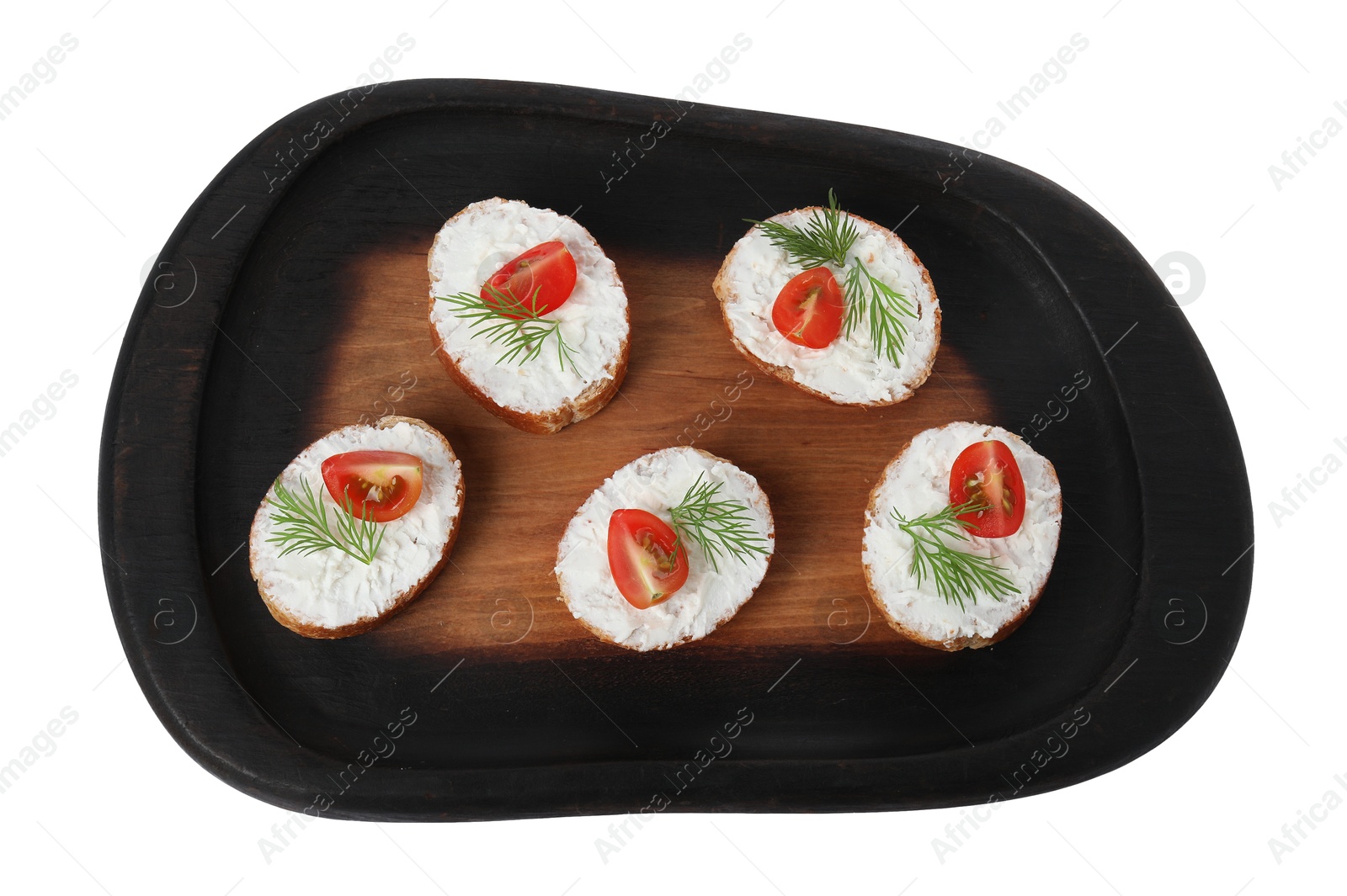 Photo of Delicious bruschettas with fresh ricotta (cream cheese), tomato and dill isolated on white, top view