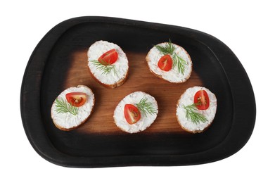 Photo of Delicious bruschettas with fresh ricotta (cream cheese), tomato and dill isolated on white, top view