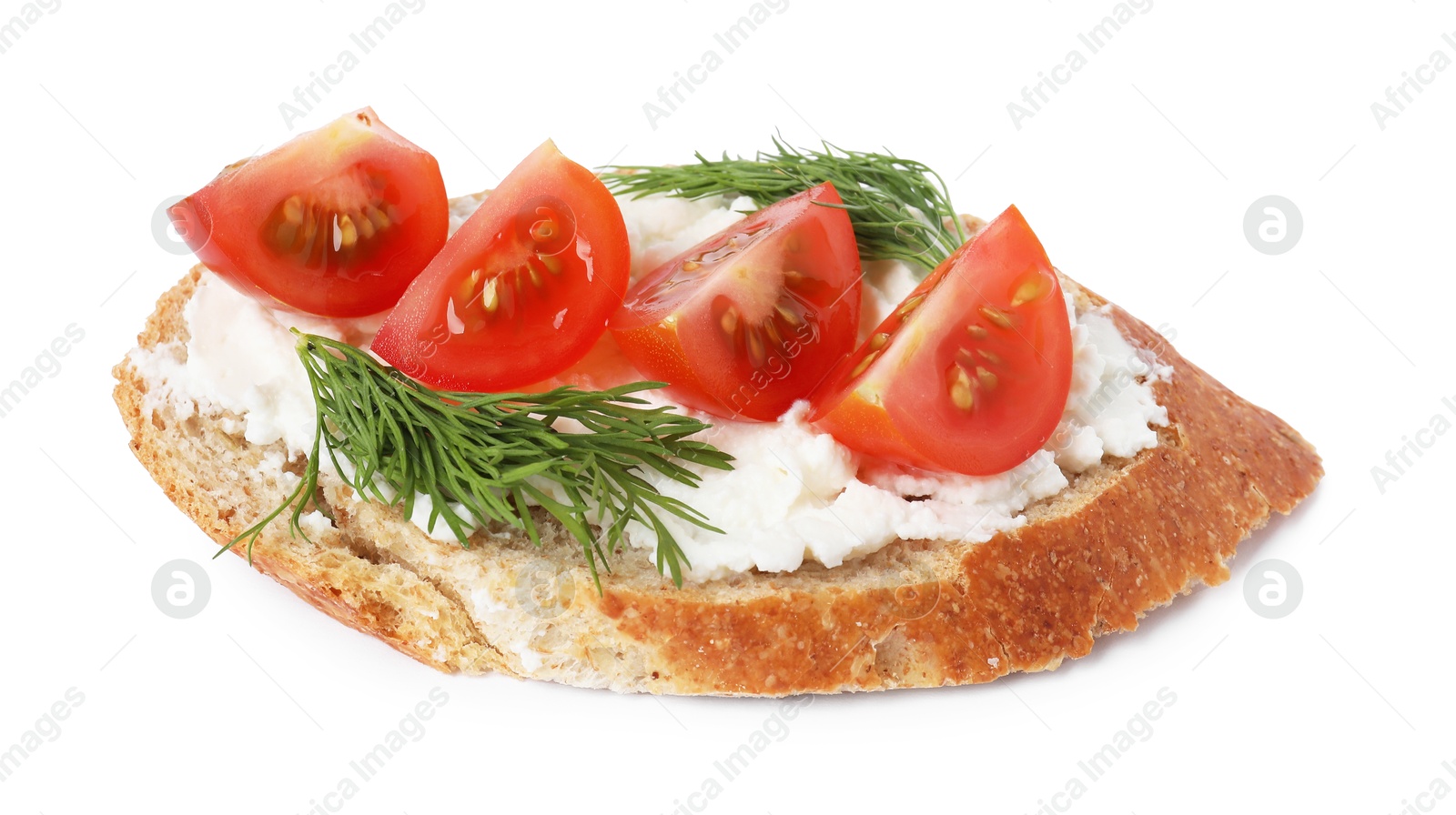 Photo of Delicious bruschetta with fresh ricotta (cream cheese), tomato and dill isolated on white