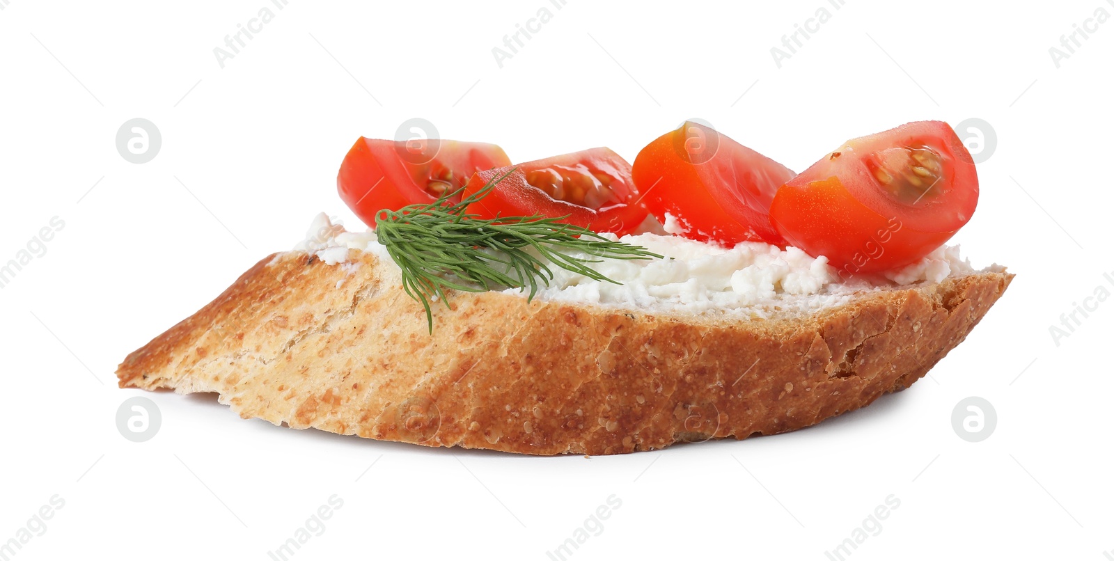 Photo of Delicious bruschetta with fresh ricotta (cream cheese), tomato and dill isolated on white