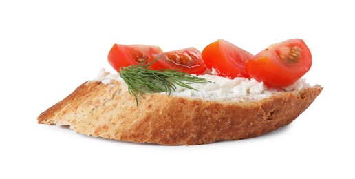 Photo of Delicious bruschetta with fresh ricotta (cream cheese), tomato and dill isolated on white