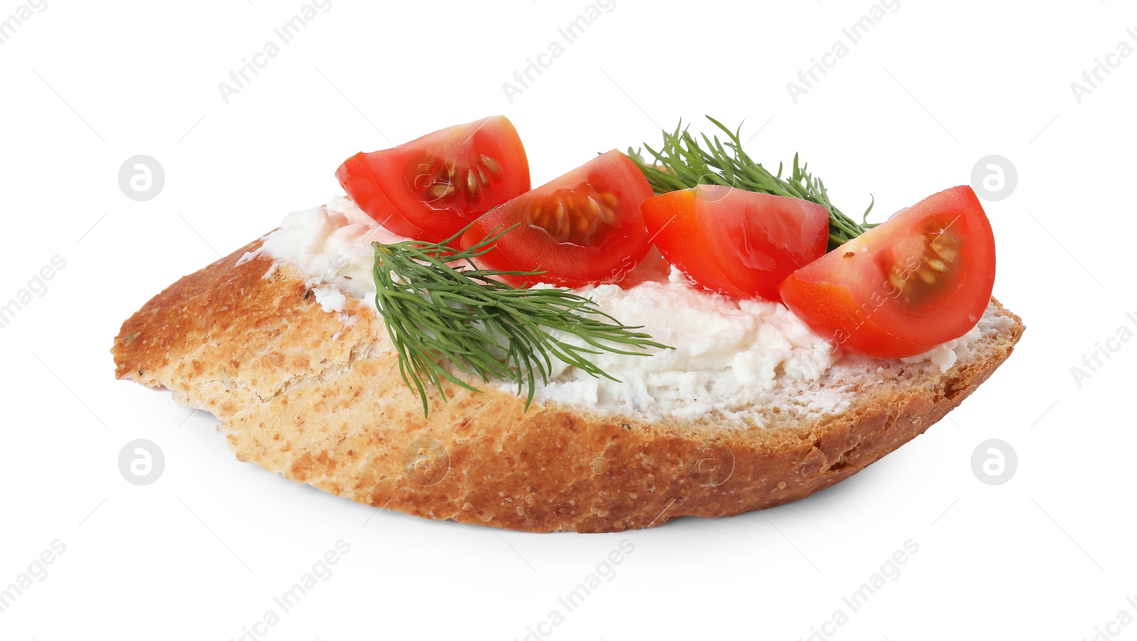 Photo of Delicious bruschetta with fresh ricotta (cream cheese), tomato and dill isolated on white